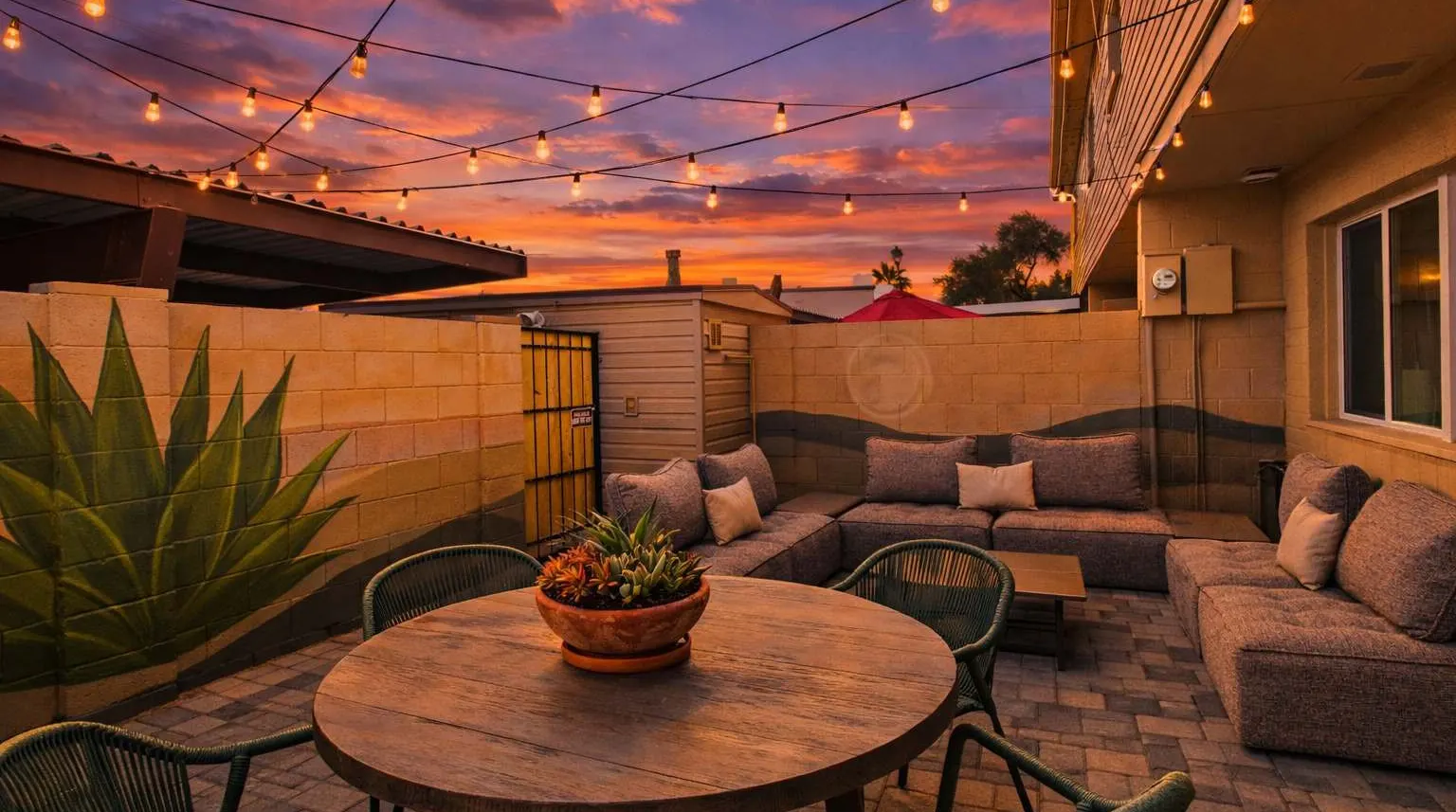 Private patio at Hideaway at dusk with lounge seating and warm lighting
