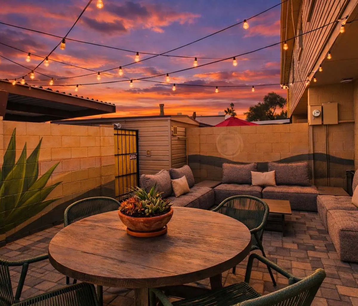 Private patio at Hideaway at dusk with lounge seating and warm lighting
