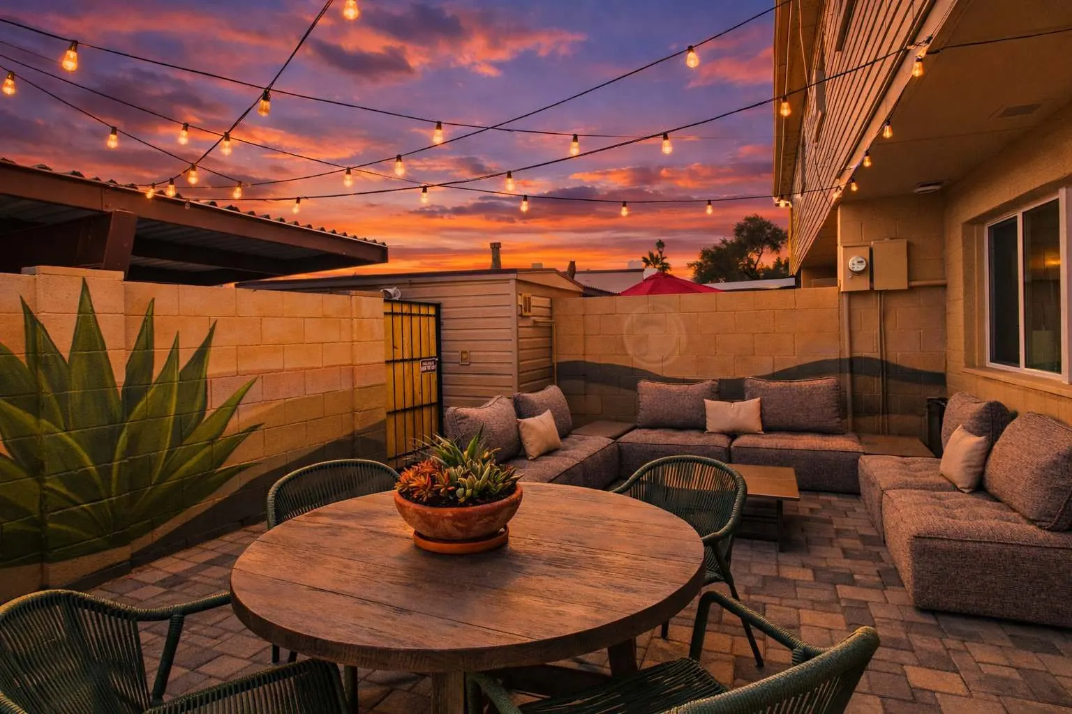 Private patio at Hideaway at dusk with lounge seating and warm lighting